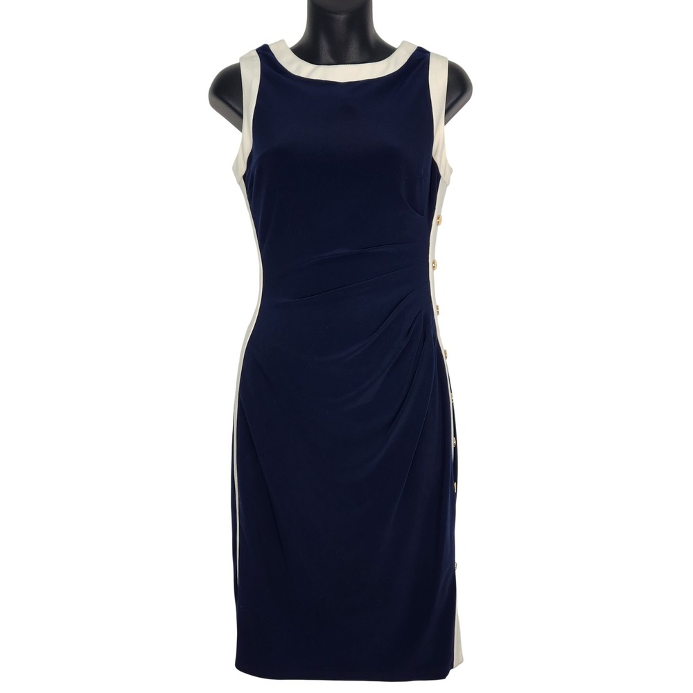 Lauren Ralph Lauren Navy Sheath Dress Gold‎ Button Detail Women's 2 Sleeveless